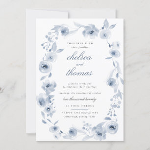 Uitnodiging voor blauwe Floral Border Wedding