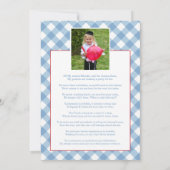 Uitnodiging voor Blauwe Gingham met Rode Ballon Up (Achterkant)