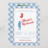 Uitnodiging voor Blauwe Gingham met Rode Ballon Up (Voorkant / Achterkant)