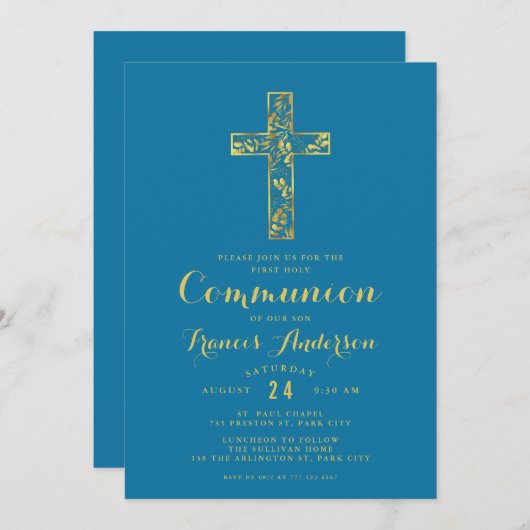 Uitnodiging voor blauwe goudkruisjes (Voorkant / Achterkant)