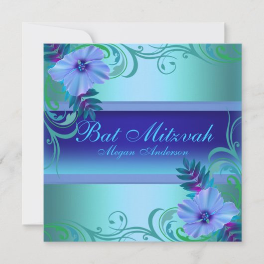 Uitnodiging voor Blauwe Levendige Bloem Bat Mitzva (Voorkant)