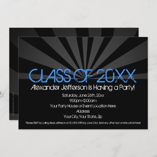 Uitnodiging voor blauwe Mode Spotlight Graduation  (Voorkant / Achterkant)