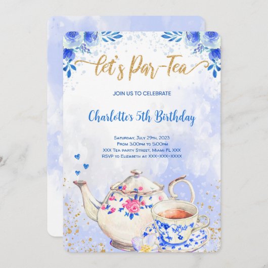 Uitnodiging voor Blauwe & Roze Theepartij Verjaard (Voorkant / Achterkant)
