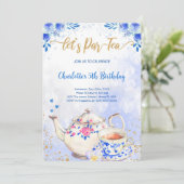 Uitnodiging voor Blauwe & Roze Theepartij Verjaard (Staand voorkant)
