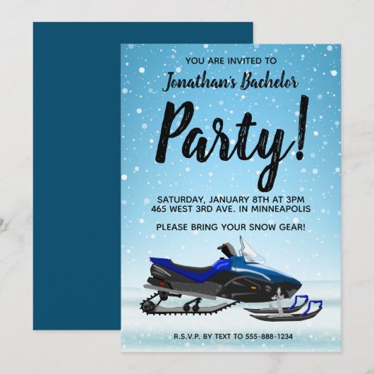 Uitnodiging voor blauwe sneeuwscooter winter vrijg (Voorkant / Achterkant)