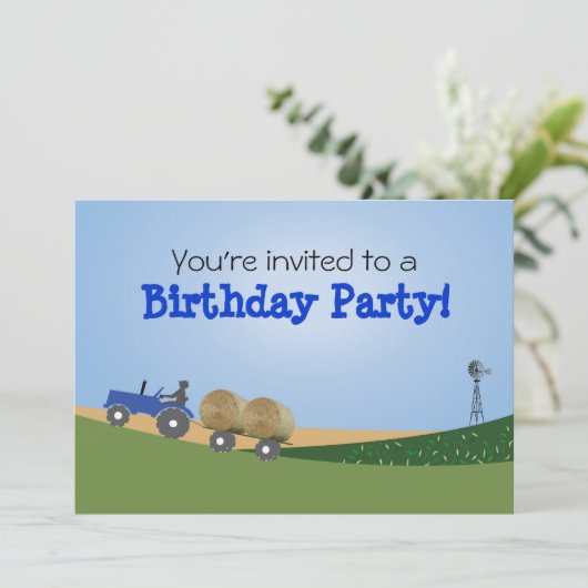 Uitnodiging voor blauwe tractorpartij (Staand voorkant)