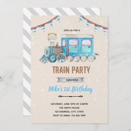 Uitnodiging voor blauwe trein shower (Voorkant / Achterkant)