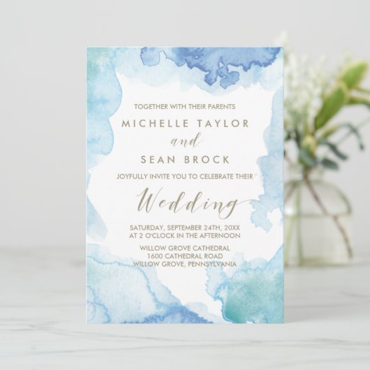 Uitnodiging voor blauwe Waterverf bruiloft (Staand voorkant)