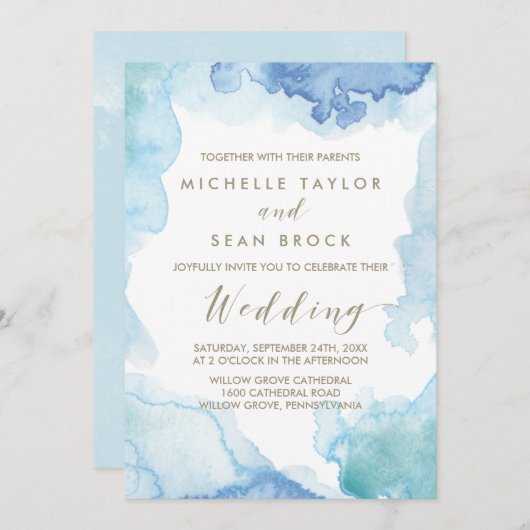 Uitnodiging voor blauwe Waterverf bruiloft (Voorkant / Achterkant)
