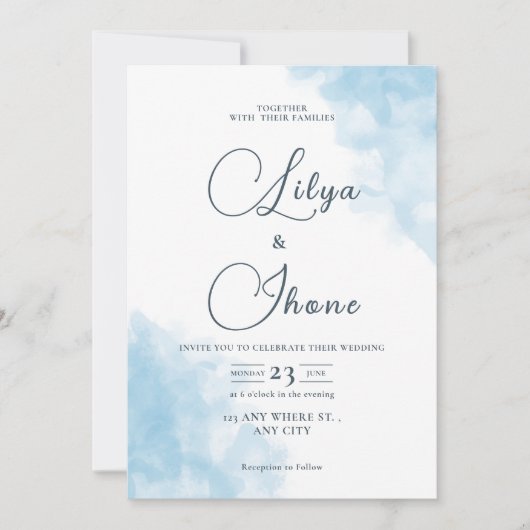 Uitnodiging voor blauwe Waterverf bruiloft (Voorkant)