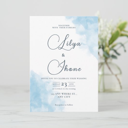 Uitnodiging voor blauwe Waterverf bruiloft (Staand voorkant)