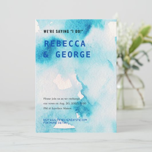 Uitnodiging voor blauwe Waterverf bruiloft (Staand voorkant)