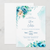 Uitnodiging voor blauwe Waterverf bruiloft (Voorkant / Achterkant)