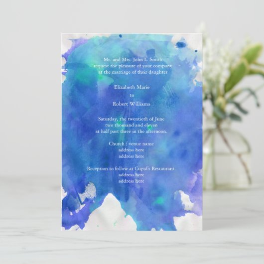 Uitnodiging voor blauwe Waterverf bruiloft (Staand voorkant)