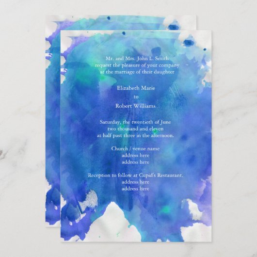 Uitnodiging voor blauwe Waterverf bruiloft (Voorkant / Achterkant)