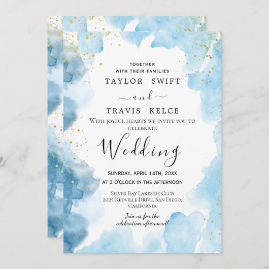 Uitnodiging voor blauwe Waterverf bruiloft (Voorkant / Achterkant)