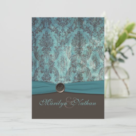 uitnodiging voor Blauwgroen en bruine bruiloft (Staand voorkant)