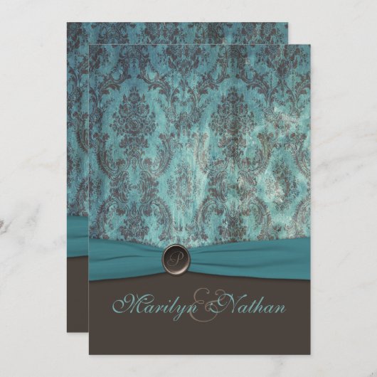 uitnodiging voor Blauwgroen en bruine bruiloft (Voorkant / Achterkant)