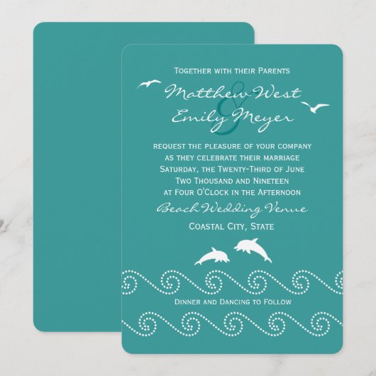 Uitnodiging voor blauwgroen Ocean Waves Wedding (Voorkant / Achterkant)