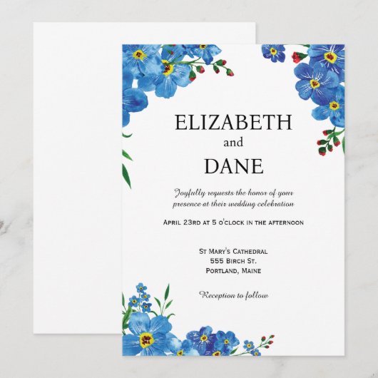 Uitnodiging voor bloemflorale bruiloft met blauwe (Voorkant / Achterkant)