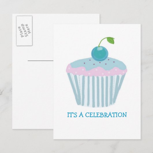 Uitnodiging voor Blue Cupcake Party (Voorkant / Achterkant)