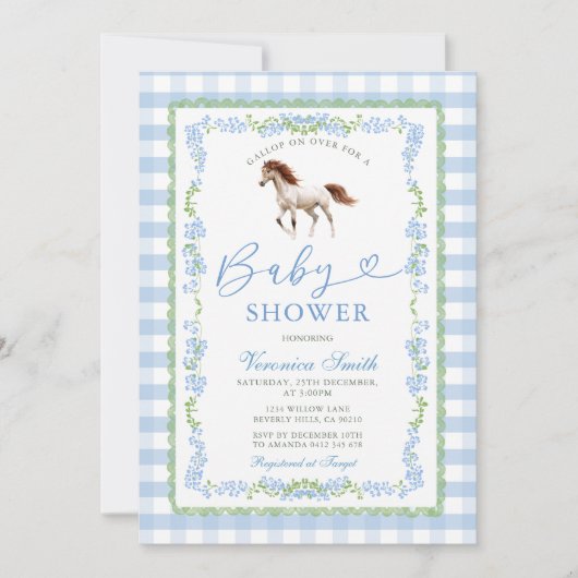 Uitnodiging voor Blue Gingham Pony Baby Shower (Voorkant)