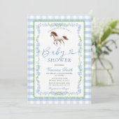 Uitnodiging voor Blue Gingham Pony Baby Shower (Staand voorkant)