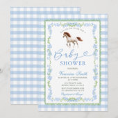 Uitnodiging voor Blue Gingham Pony Baby Shower (Voorkant / Achterkant)