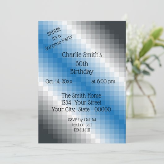 Uitnodiging voor Blue Grey Pixel Party (Staand voorkant)