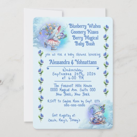 Uitnodiging voor Blueberry en Gnomes Baby Shower (Voorkant)