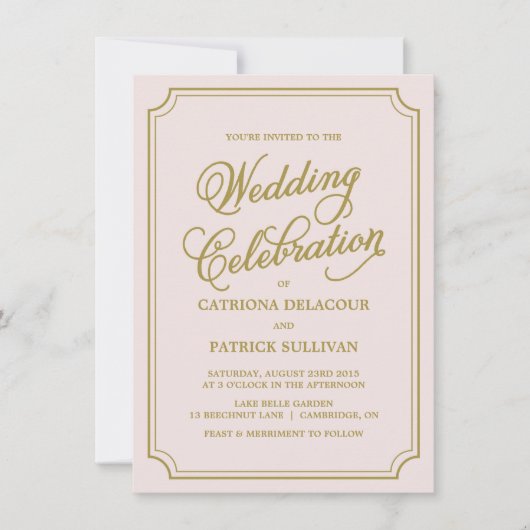 Uitnodiging voor Blush & Gold Whimsical Script Wed (Voorkant)