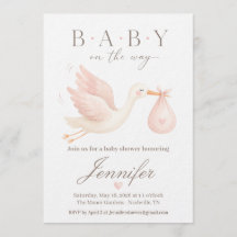 Uitnodiging voor Blush Ooievaar Baby Shower