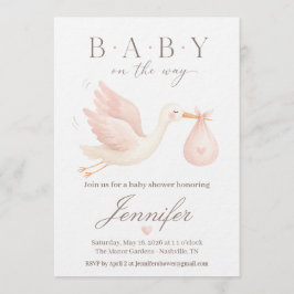 Uitnodiging voor Blush Ooievaar Baby Shower