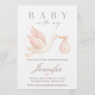 Uitnodiging voor Blush Ooievaar Baby Shower