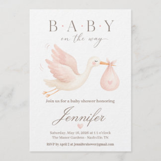 Uitnodiging voor Blush Ooievaar Baby Shower