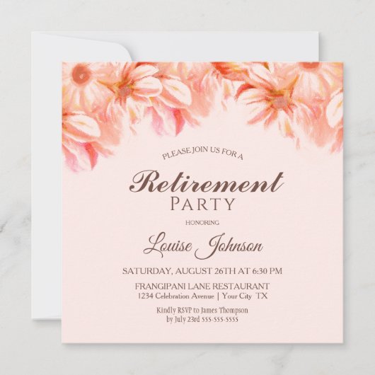 Uitnodiging voor Blush Pink Floral Retirement Part (Voorkant)