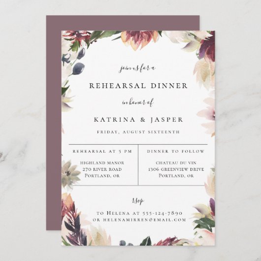 Uitnodiging voor Blush Plum Bloemendiner Proefhuwe (Voorkant / Achterkant)