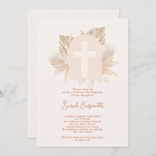 uitnodiging voor Boho Pampas Baptism (Voorkant / Achterkant)