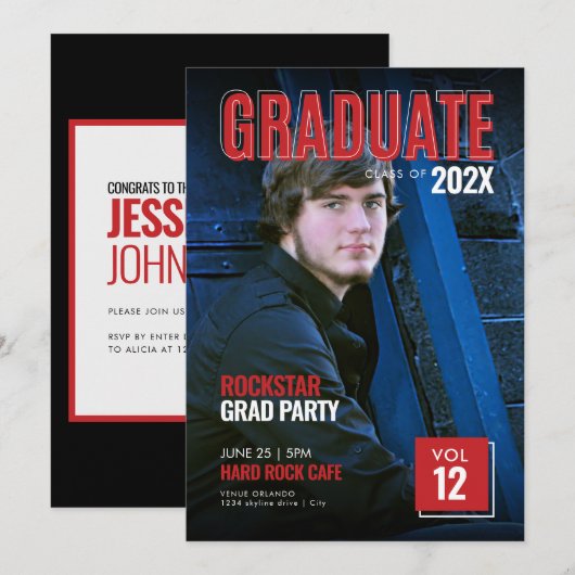Uitnodiging voor Bold Red Magazine Cover Grad-fees (Voorkant / Achterkant)