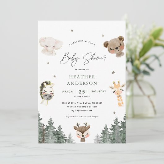 Uitnodiging voor bos-babyfeest met bosdieren (Staand voorkant)