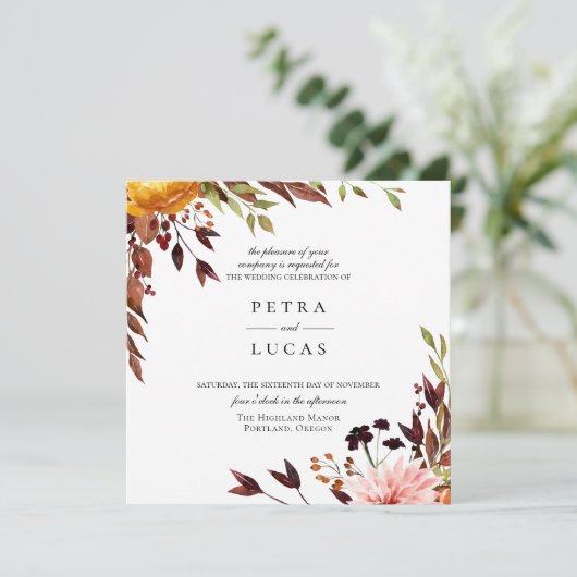 Uitnodiging voor botanische bruiloft in het herfst (Staand voorkant)