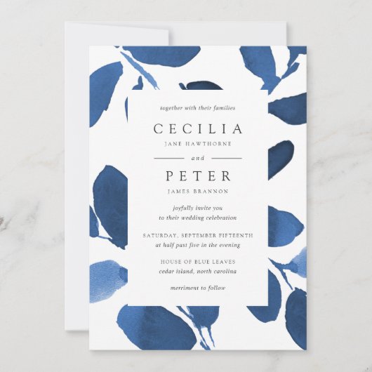 Uitnodiging voor botanische bruiloft | Indigo (Voorkant)