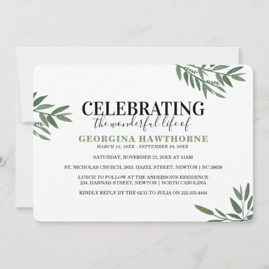 Uitnodiging voor botanische Waterverf Memorial (Voorkant)