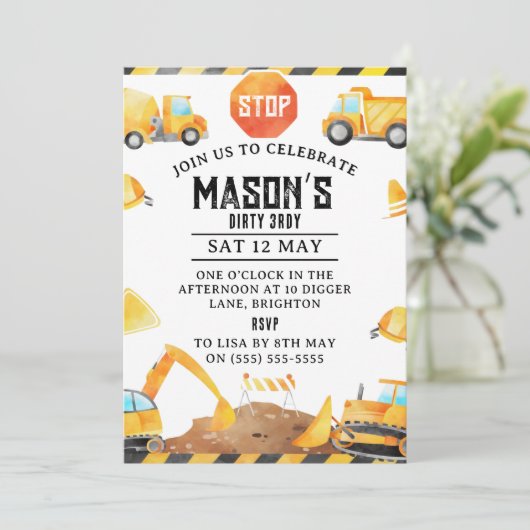 Uitnodiging voor bouwverjaardag – bewerkbare dump (Staand voorkant)