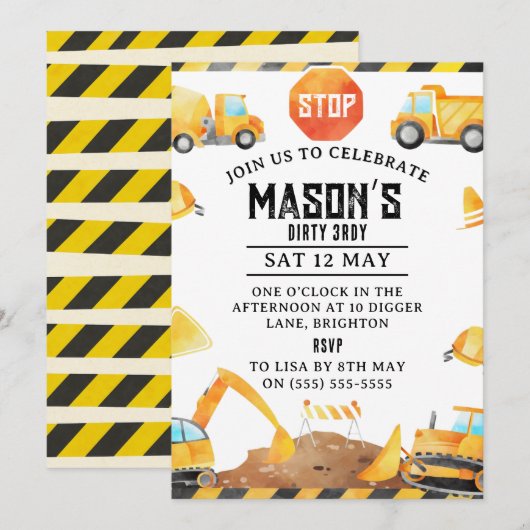 Uitnodiging voor bouwverjaardag – bewerkbare dump (Voorkant / Achterkant)
