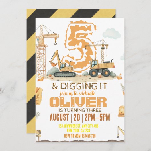 Uitnodiging voor bouwverjaardag | Digger Truck 3r (Voorkant / Achterkant)