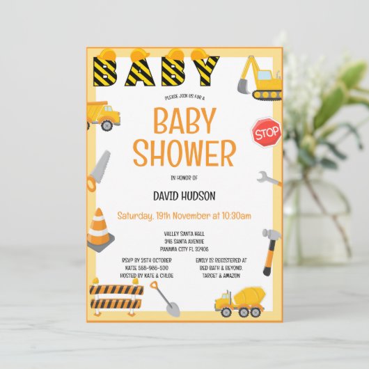 Uitnodiging voor bouwwerken, geboortedag, Baby (Staand voorkant)