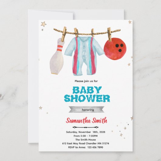 Uitnodiging voor bowling baby shower feestje (Voorkant)
