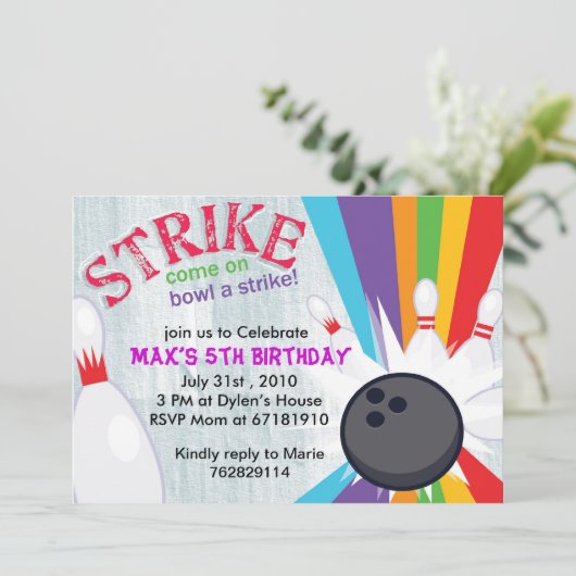 Uitnodiging voor Bowling-feest met een maffe regen (Staand voorkant)