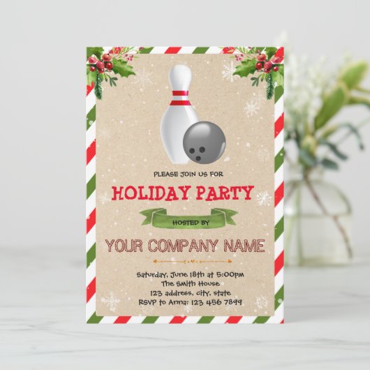Uitnodiging voor bowlingpartij voor feestdagen (Staand voorkant)